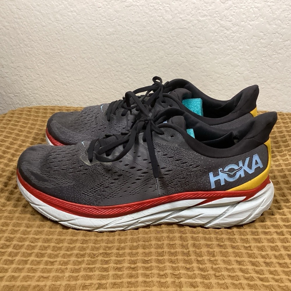 HOKA Clifton 8 Mens 13 Gray Red Yellow Black Running Shoes Cushioned Lightweight